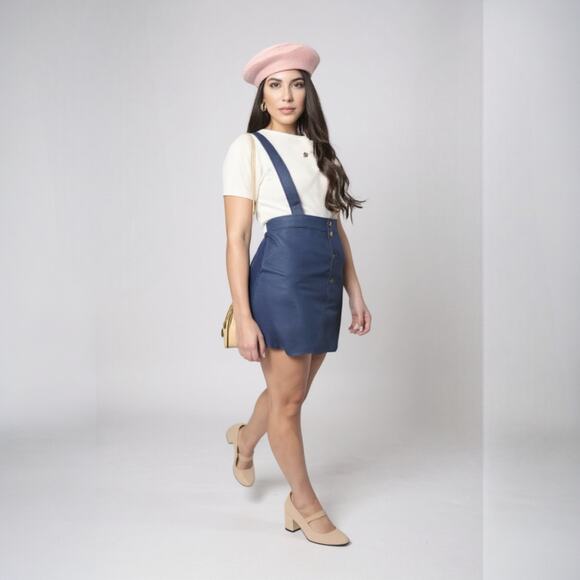 Unique New Unique Vintage Denim Button Suspender Skirt Scallop 1X #293 - Picture 2 of 6